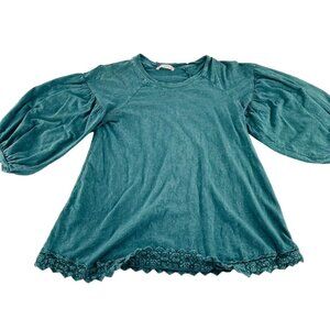 Alter'd State S Teal Puff Sleeve Top With Lace Hem Pullover Knit